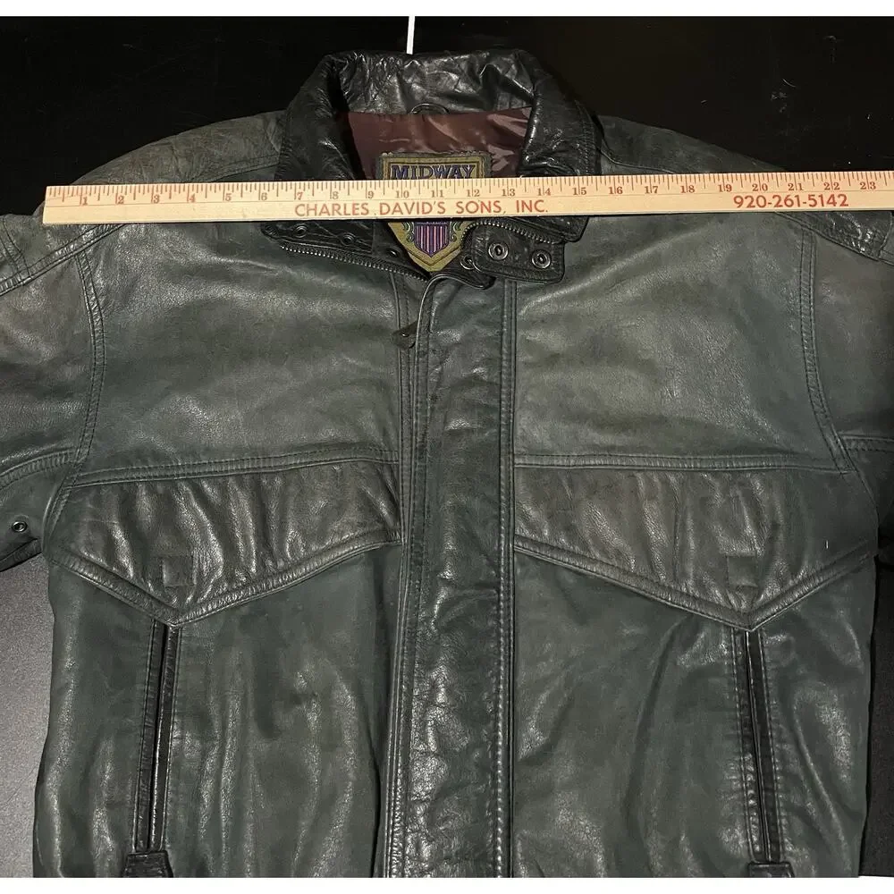 Vintage 80s Midway Leather Bomber Jacket Mens Small Sage Green Slate Flight Coat